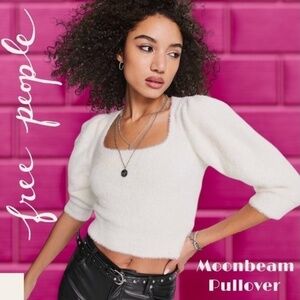 FREE PEOPLE NWT Moonbeam Fuzzy 3/4 Puff Sleeve Cropped Scoop Neck Sweater/Lg